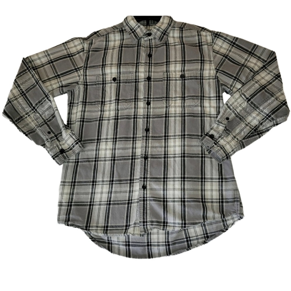 Retro Faded Glory Gray, Black, & White Button Down Plaid Shirt Size Small